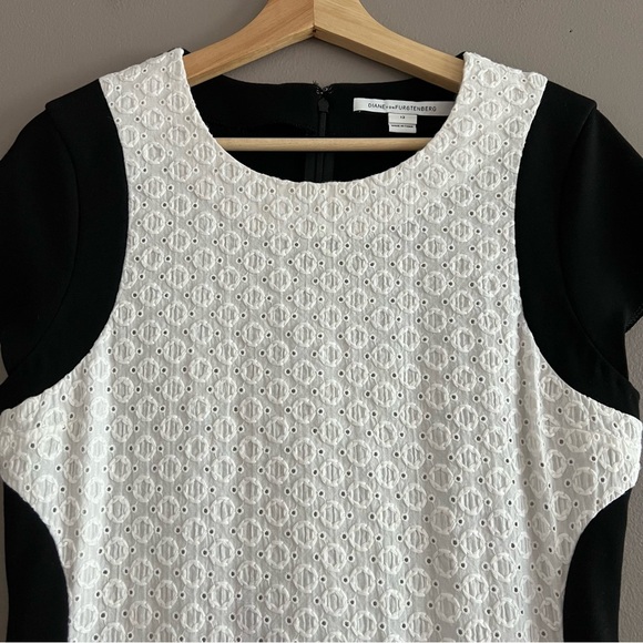 Diane Von Furstenberg Eyelet Pele Dress Short Sleeve Career White Black Sz 12 - Picture 3 of 10